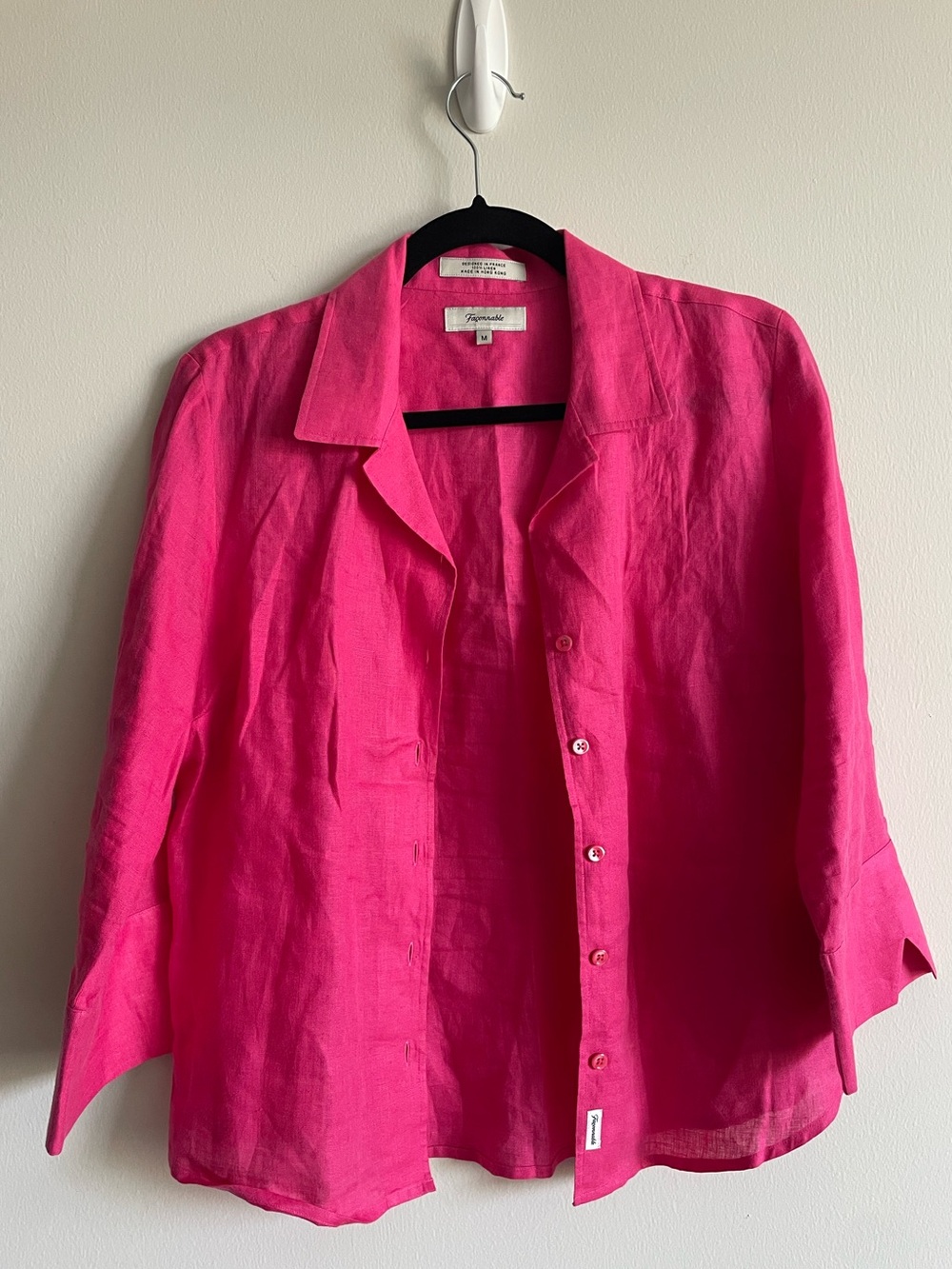 100% Linen Pink Summer 3/4 Sleeve Button Up Blouse Beach Vacation Coastal *flaw*